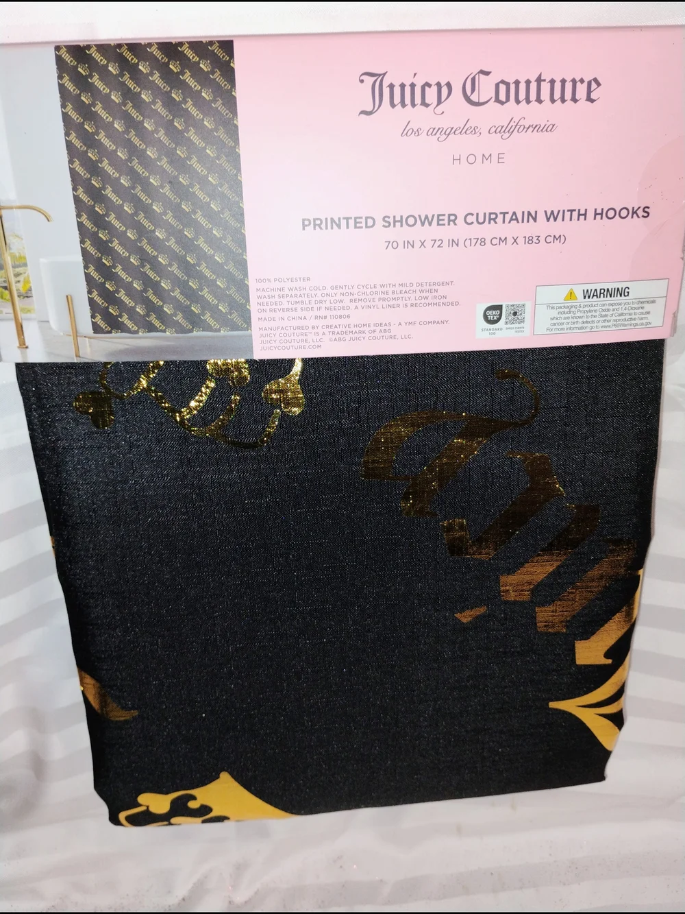 Juicy Couture Black and Gold Logo Shower Curtain